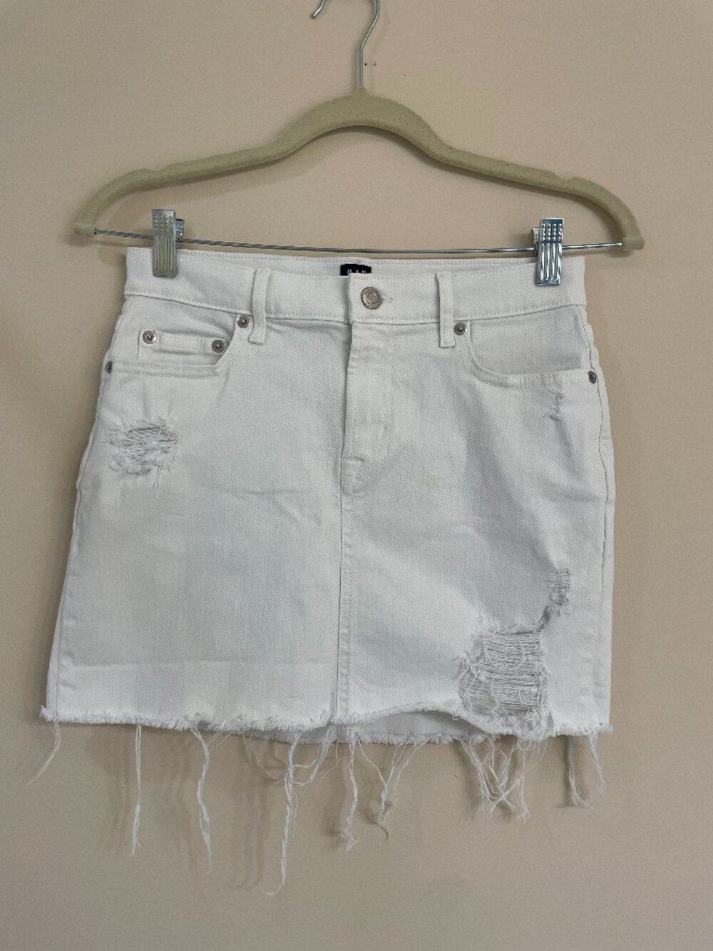 Gap - White Distressed Denim Mini Skirt High Rise Stretch - Size 24